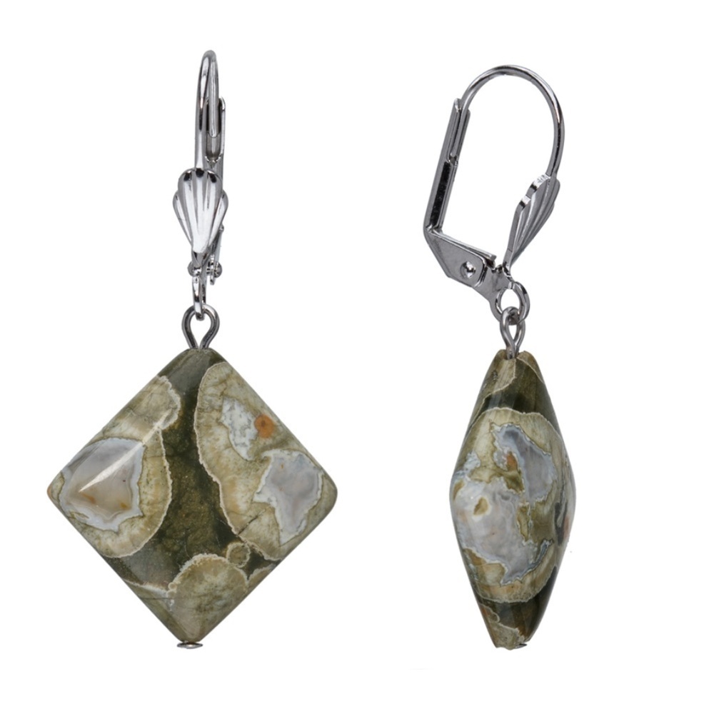 Natural Rhyolite Gemstone Earrings โ Diamond Shape Drop โ Earthy Boho Stone